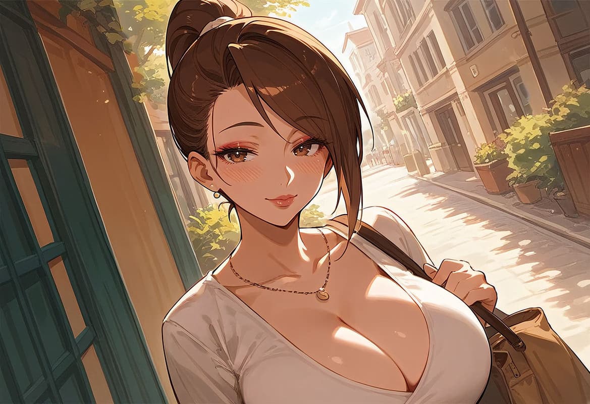 Изображение персонажа - outdoors on sunny street, smiling seductively, wearing low-cut white top, breasts exposed, carrying