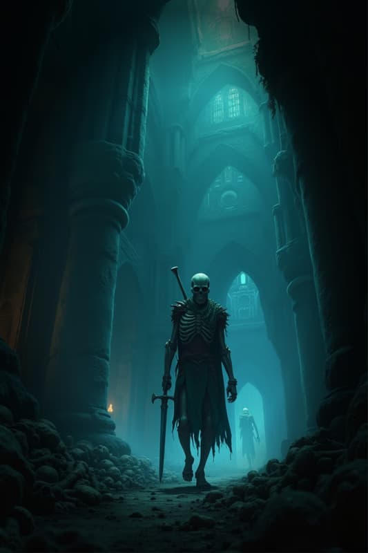Charakterbild - skeleton warrior walking through a dark, foggy cathedral, holding a sword, wearing tattered robes, o