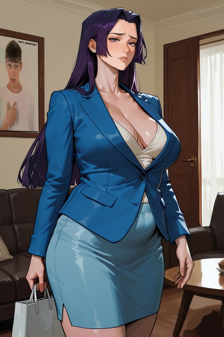 صورة الشخصية - woman in blue business suit, standing in living room, holding shopping bag, serious expression, brea