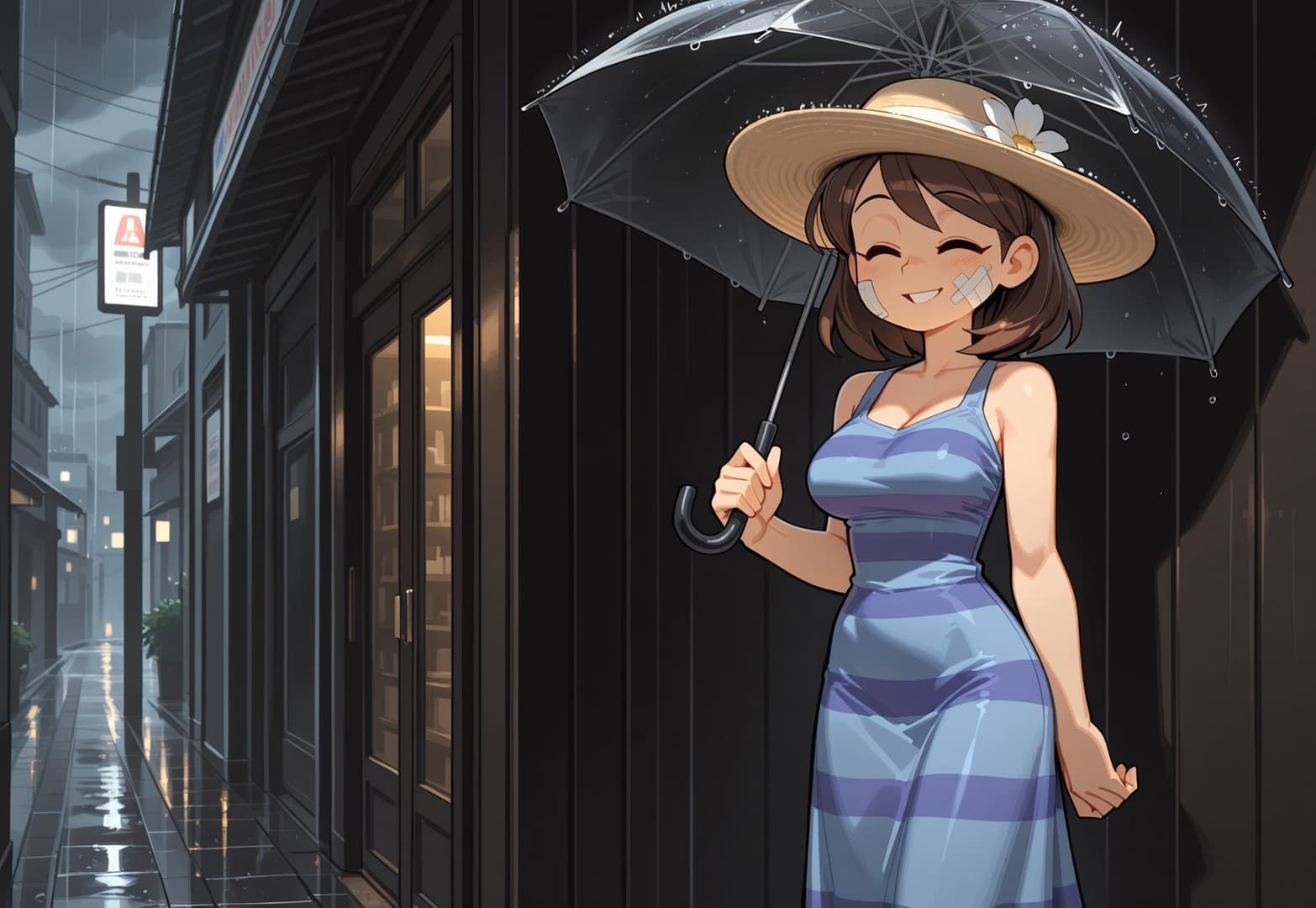 Character image - happy and playful in rain, holding transparent umbrella, wearing blue striped dress and straw hat wi