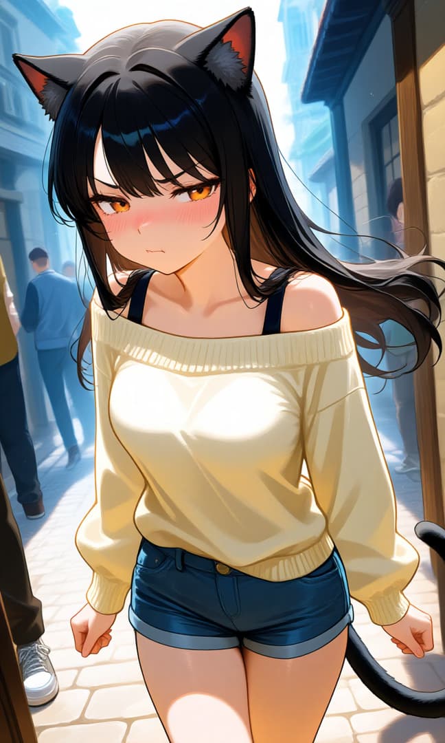 キャラクター画像 - cat-eared girl with orange eyes, blushing face, wearing off-shoulder cream sweater and blue denim sh