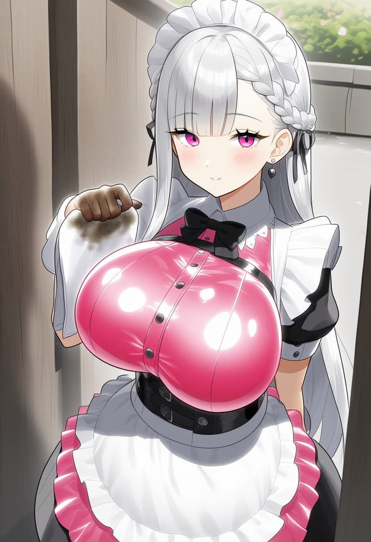 صورة الشخصية - maid outfit with pink latex breast enhancement, holding dirty cloth, seductive expression, indoors n