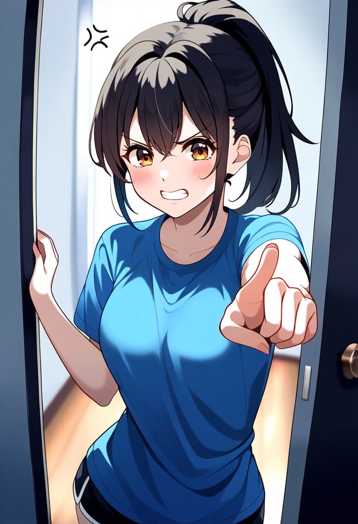 Karakter görseli - angry expression, pointing finger, standing in doorway, wearing blue t-shirt and shorts, fully cloth