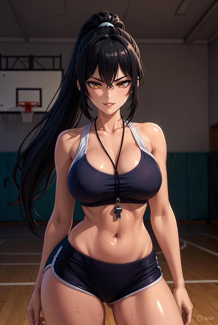Imagen del personaje - in gym, standing with legs slightly apart, wearing sports bra and shorts, wet skin, seductive expres