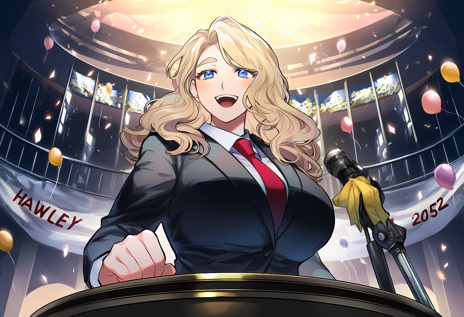 Charakterbild - confident and excited expression, standing at a podium in a formal suit with red tie, blonde hair, b