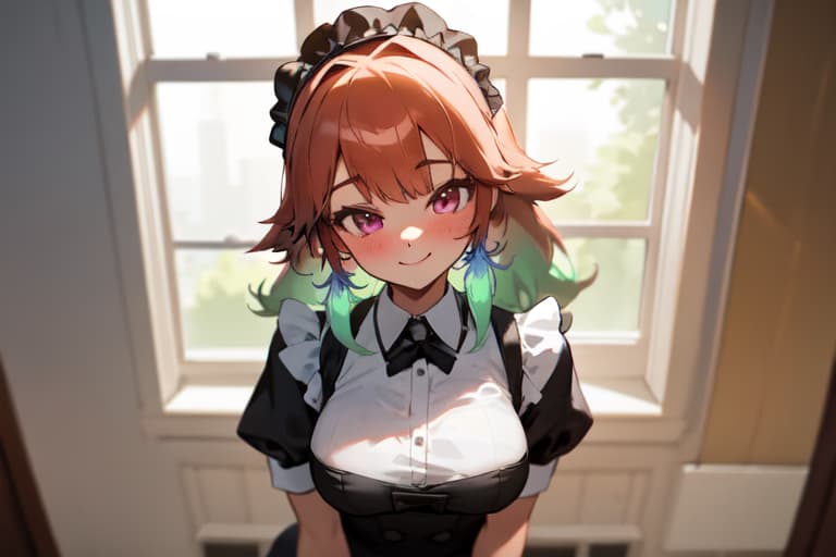 캐릭터 이미지 - happy expression, standing in front of window, wearing maid outfit with frilly collar and black bow,