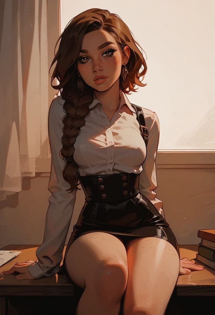 صورة الشخصية - sitting on desk, legs spread, wearing white button-up shirt and black leather skirt with suspenders,
