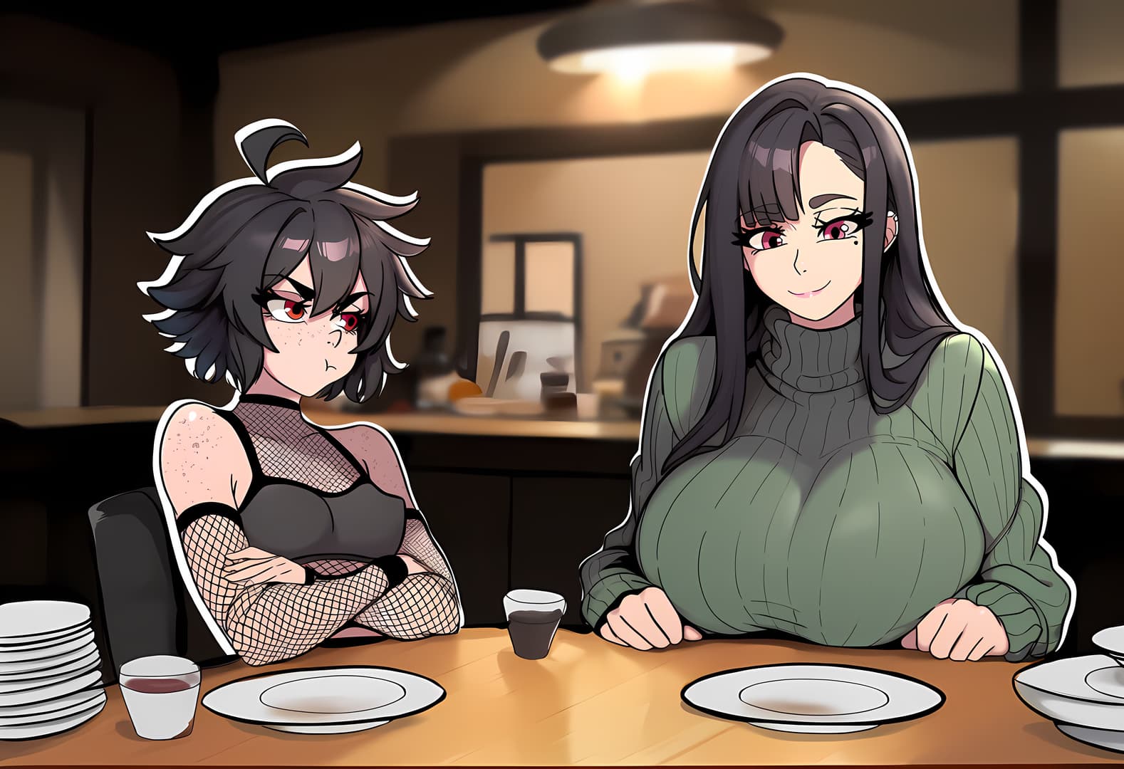 Charakterbild - angry pout with crossed arms, sitting at table in cafe, wearing fishnet top and black bra, dark hair