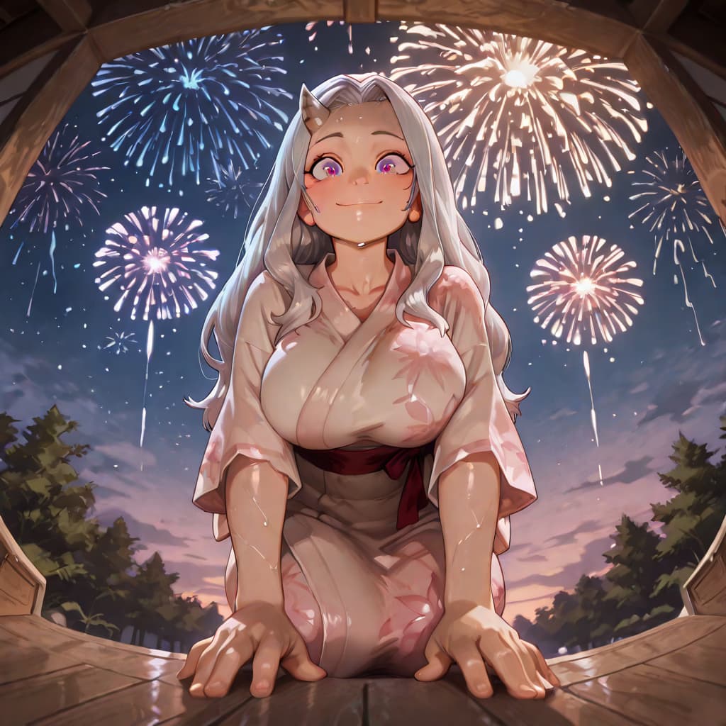 Karakter görseli - sitting on wooden floor, wet kimono, breasts exposed, legs spread, happy expression, fireworks in ba