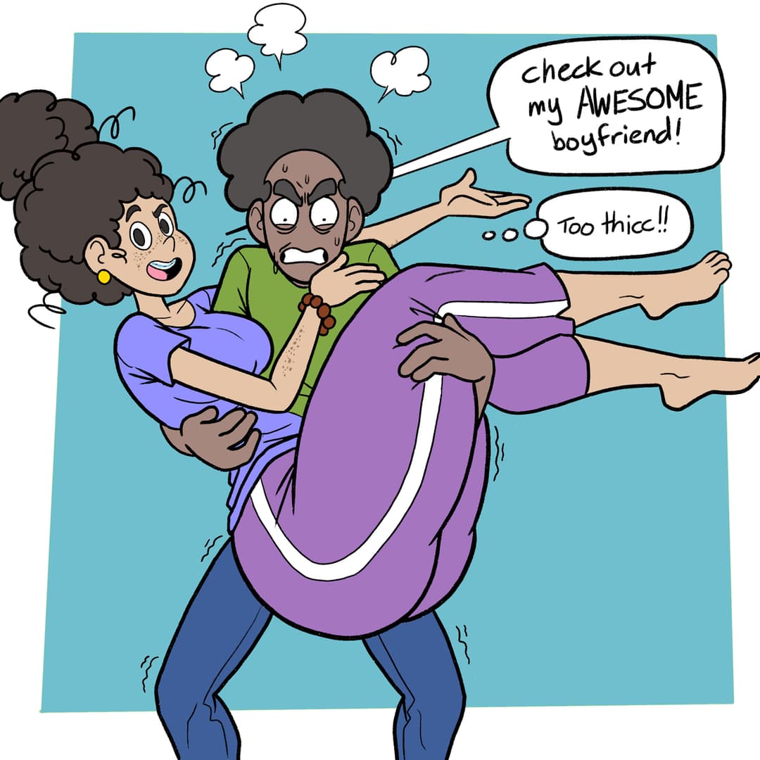 صورة الشخصية - man carrying woman in piggyback style, woman smiling excitedly with speech bubble "check out my AWES