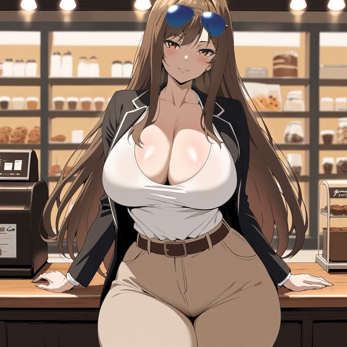 صورة الشخصية - in a cafe, sitting at counter, wearing white top and black blazer with large cleavage exposed, beige