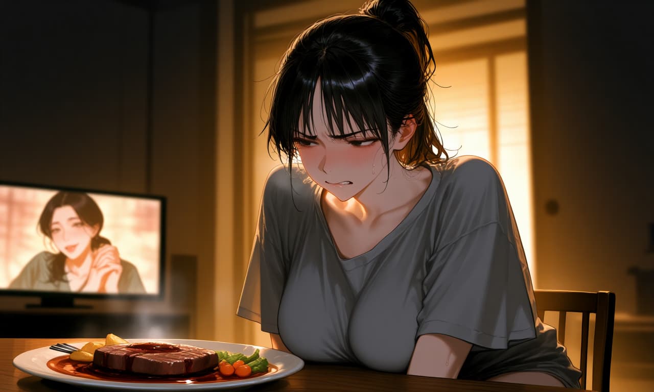 صورة الشخصية - sad expression, sitting at table, tears on face, wearing gray t-shirt, breasts visible, plate of ste