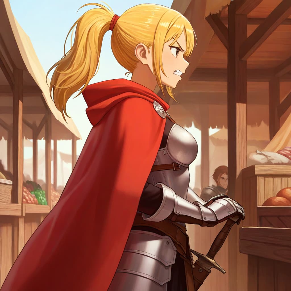 Изображение персонажа - angry expression, side profile, holding sword, wearing red cloak and armor, in market setting, fully