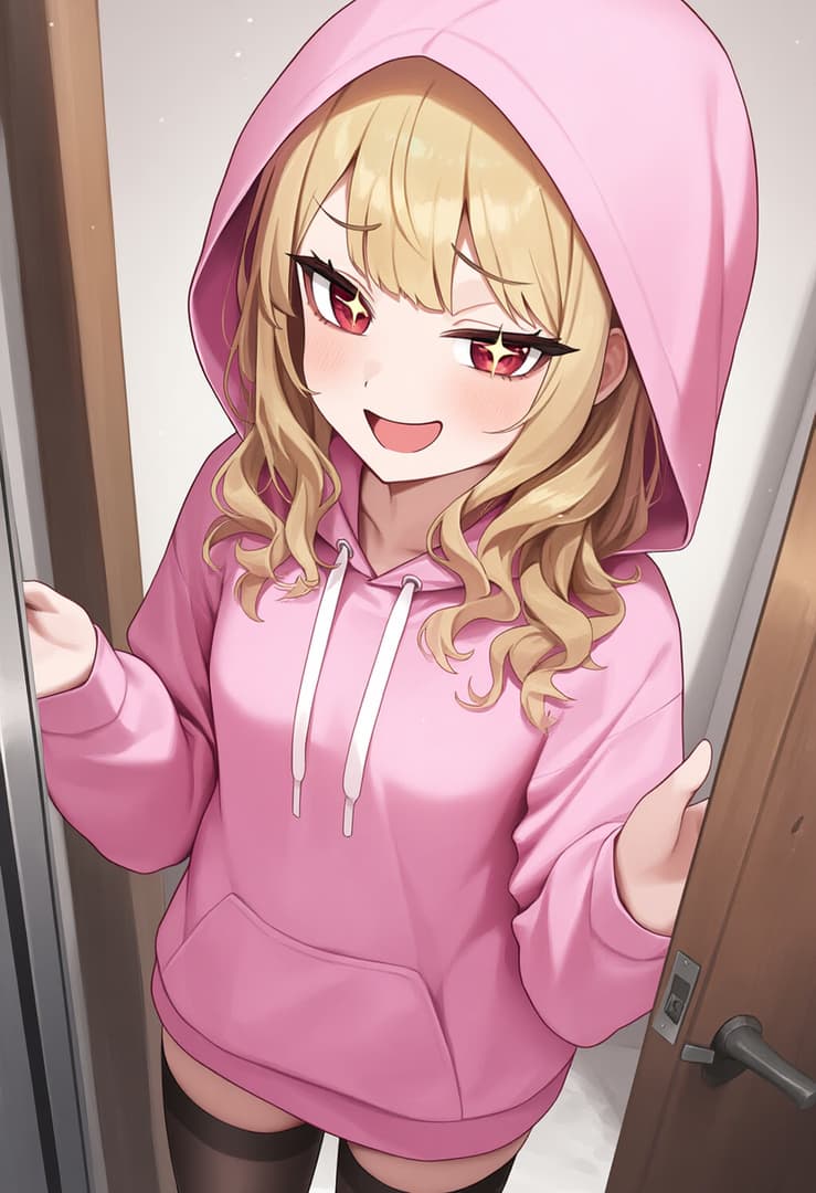 Character image - Happy expression, standing in doorway, wearing pink hoodie with hood up, blonde hair, red eyes, smil