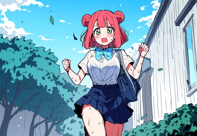 Imagem do personagem - excited expression, running outdoors, wearing school uniform with short skirt, arms raised, sweat vi