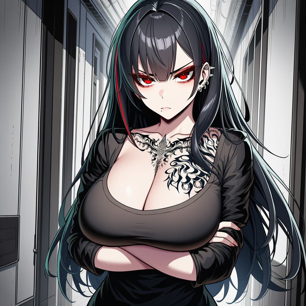 Immagine del personaggio - angry expression with crossed arms, long black hair with green and red streaks, red eyes, black top