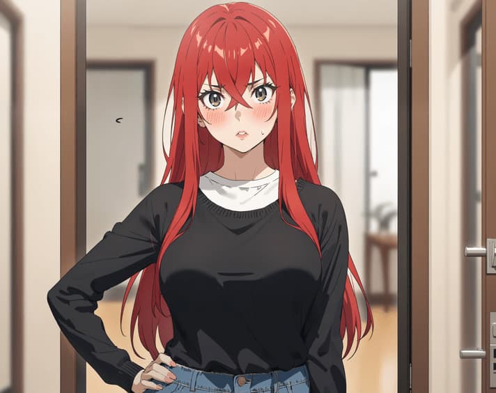 캐릭터 이미지 - angry pout with crossed arms, standing in doorway, fully clothed in black sweater and jeans, red hai