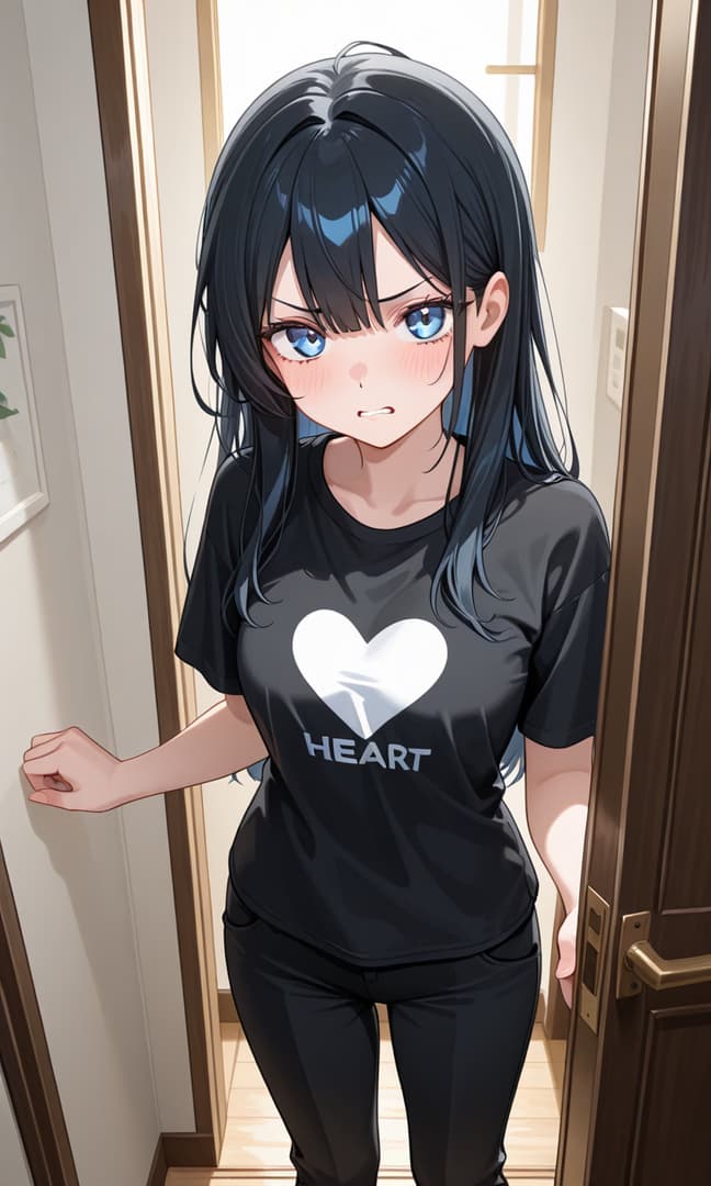 Imagem do personagem - shy expression in hallway, wearing black t-shirt with heart design and black pants, standing in door