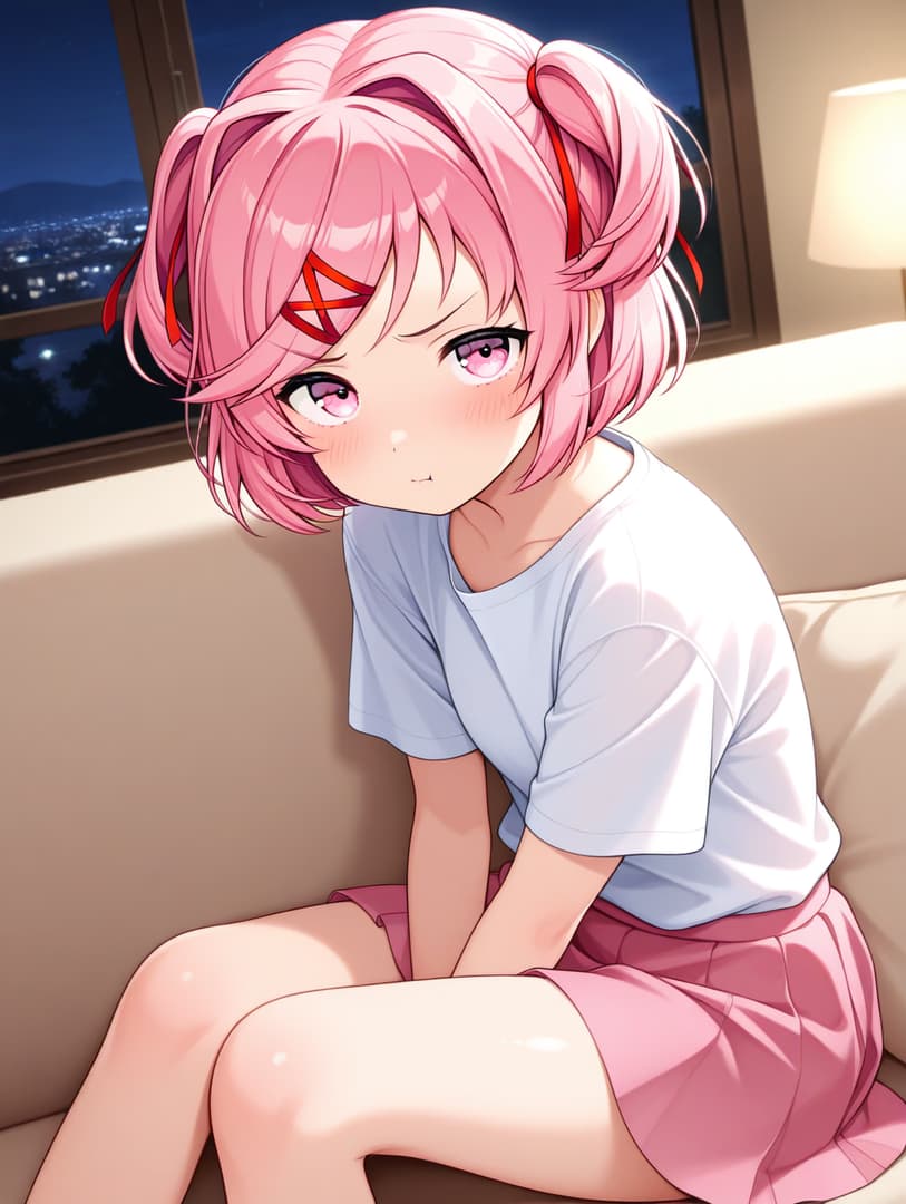 캐릭터 이미지 - shy expression, sitting on couch, pink hair in twin tails, wearing white t-shirt and pink shorts, le