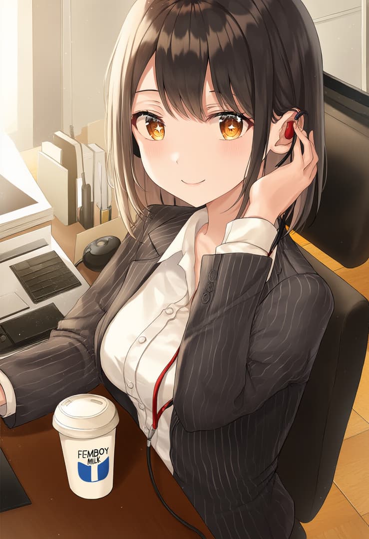 캐릭터 이미지 - sitting at office desk, smiling warmly, wearing pinstripe suit and white shirt, adjusting red earbud