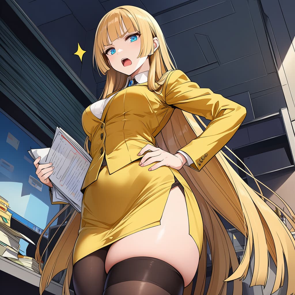 Immagine del personaggio - blonde woman in yellow suit, hand on hip, holding papers, legs spread, thigh-high stockings, reveali
