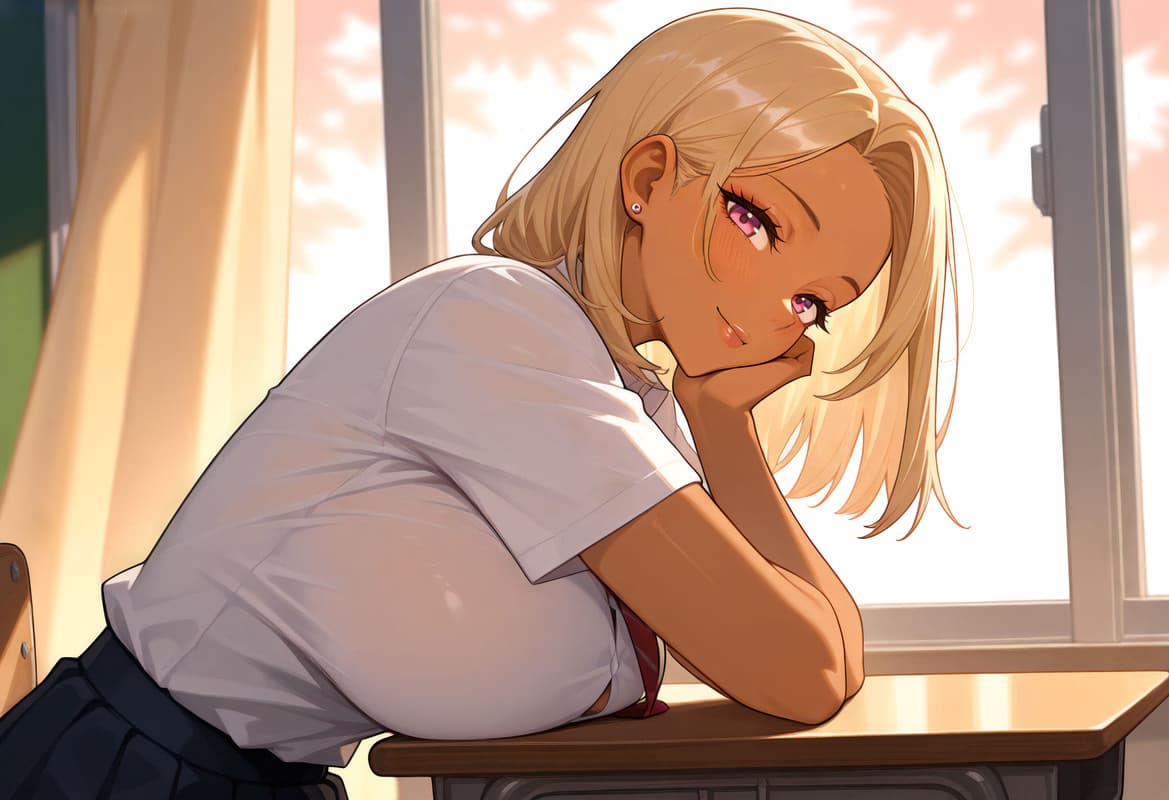 캐릭터 이미지 - sitting at desk in classroom, blonde hair, white shirt and dark skirt, leaning on desk with hand und