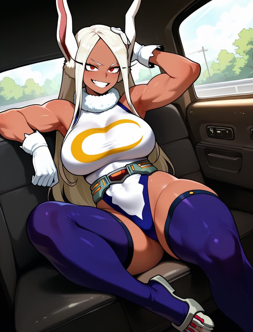 Karakter görseli - Muscular woman with white hair and bunny ears sitting in car, legs spread, wearing tight purple thig