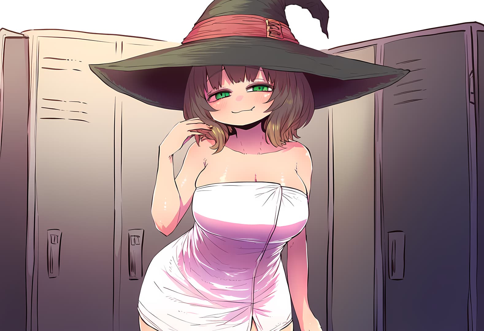 Immagine del personaggio - witch hat, green eyes, smiling seductively, hand on neck, strapless pink and white dress, standing i