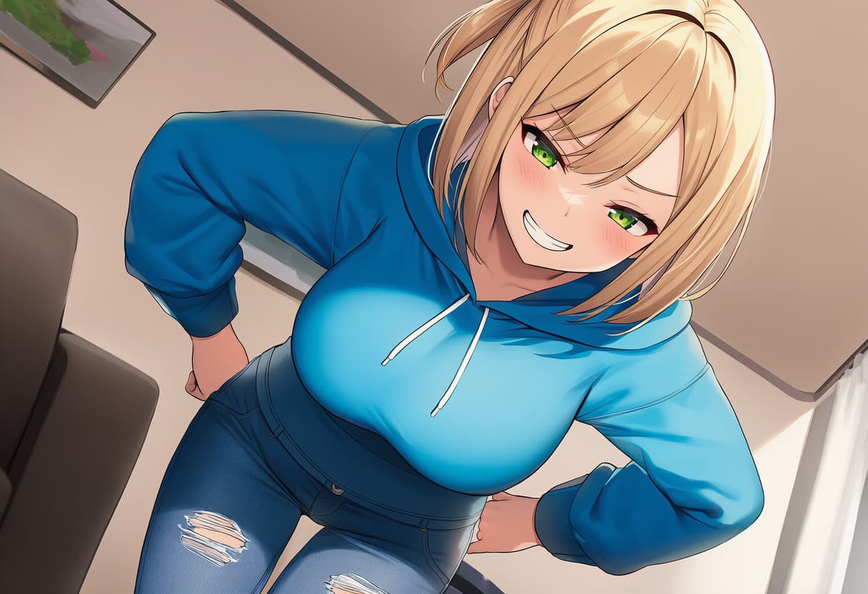 Karakter görseli - playful expression, leaning forward with hands on hips, wearing blue hoodie and ripped jeans, in ind