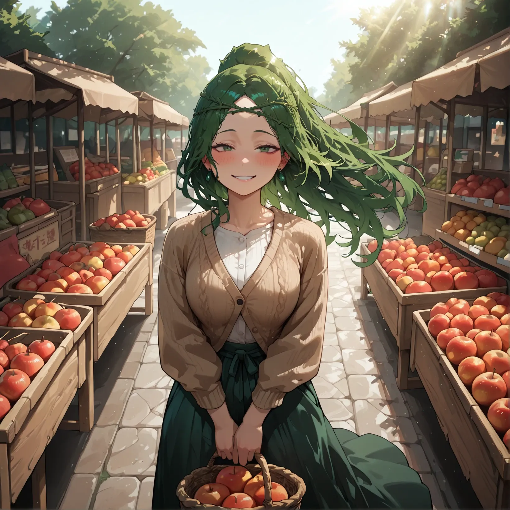 Изображение персонажа - happy expression, standing in outdoor market, holding basket of apples, fully clothed in long green
