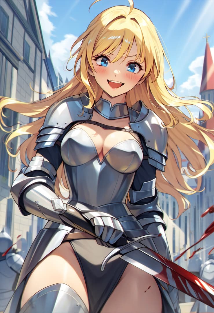 Karakter görseli - happy and playful in a medieval town, wearing revealing silver armor with exposed breasts and thighs