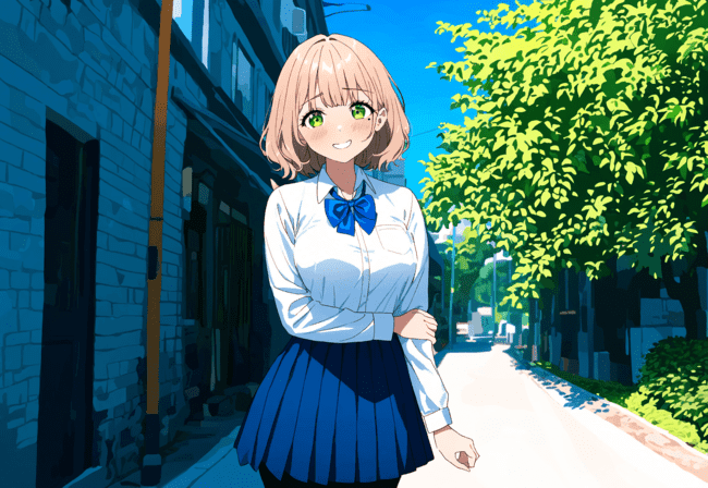 किरदार इमेज - happy expression, standing outdoors on a sunny street, wearing a school uniform with a white shirt a