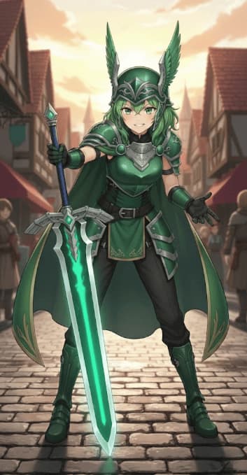 Character image - green armored knight with winged helmet, holding glowing sword, smiling confidently in medieval town
