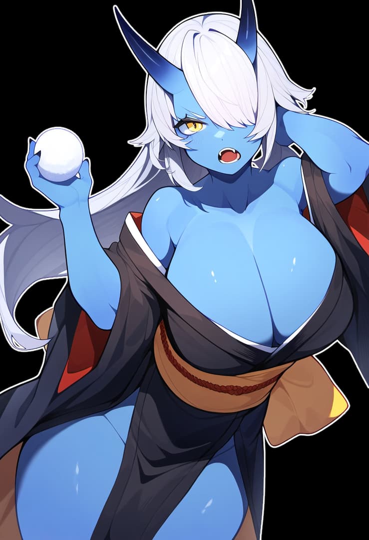 Image du personnage - blue-skinned demon with white hair and horns, holding a snowball, surprised expression, wearing torn