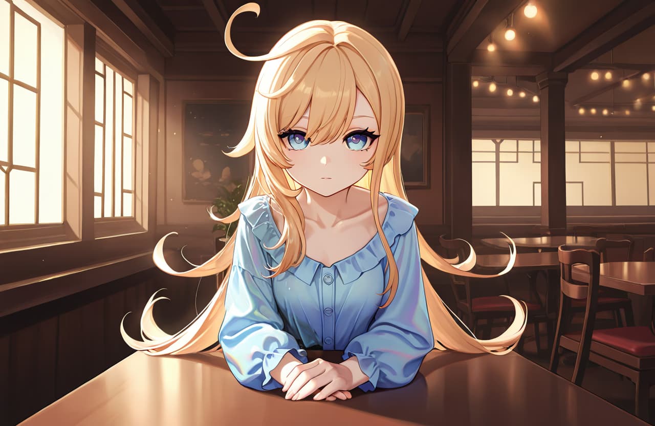 Obraz postaci - sitting in cafe, thoughtful expression, fully clothed in blue blouse, long blonde hair, warm lightin