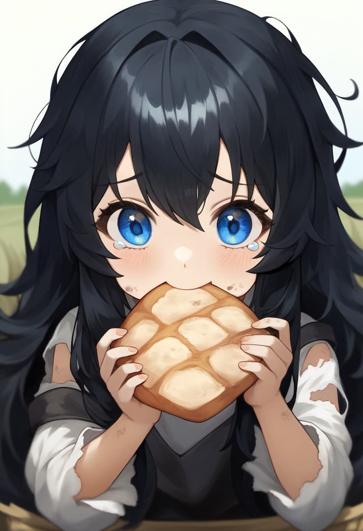 Imagen del personaje - crying with tears, holding a bread roll, wearing torn clothes, outdoors in a field, sad and hungry e