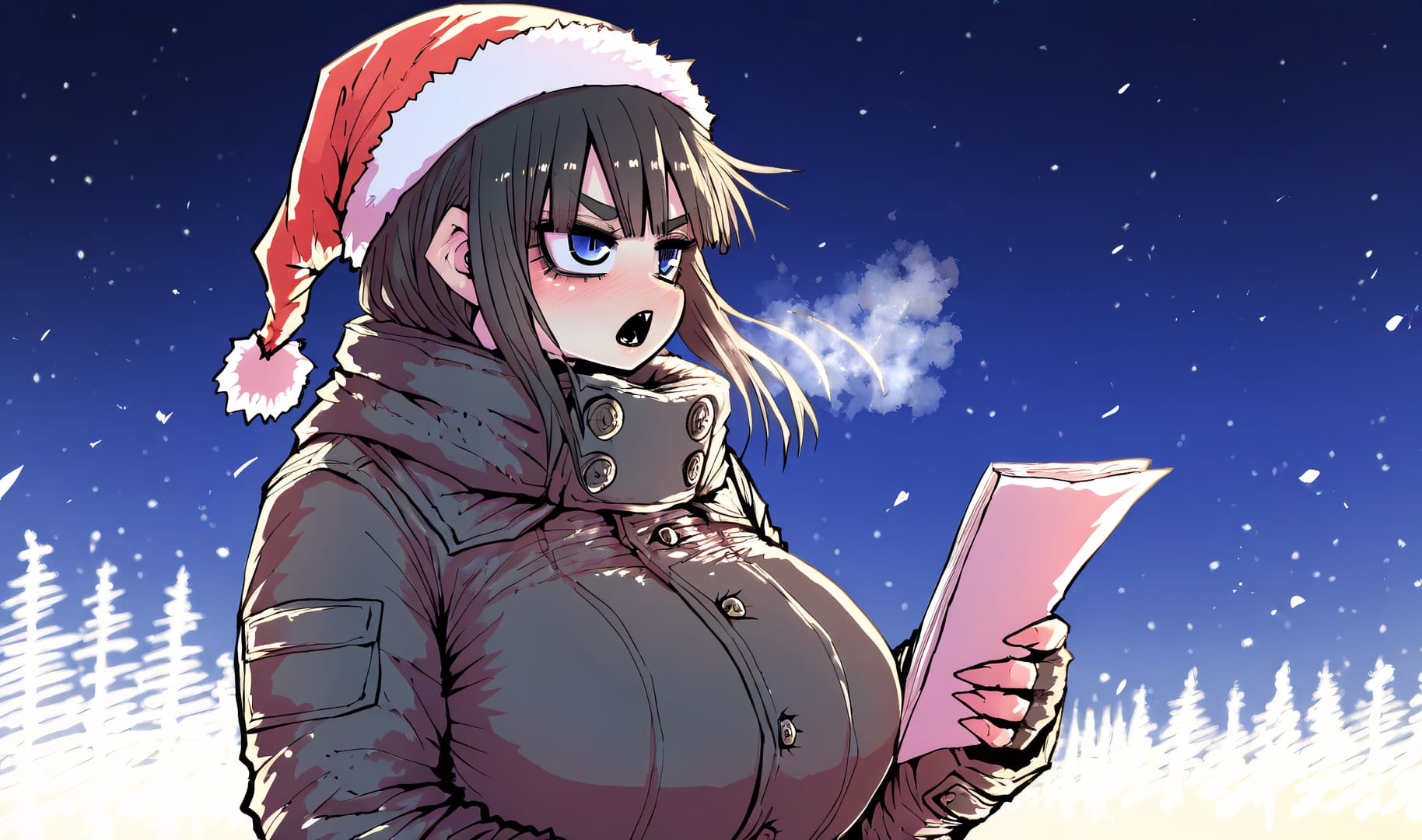 Obraz postaci - Winter scene, female anime character wearing Santa hat and heavy winter coat, standing in snow with