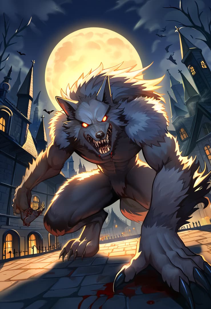 Obraz postaci - werewolf in full moon, aggressive snarling expression, glowing red eyes, crouching on cobblestone st