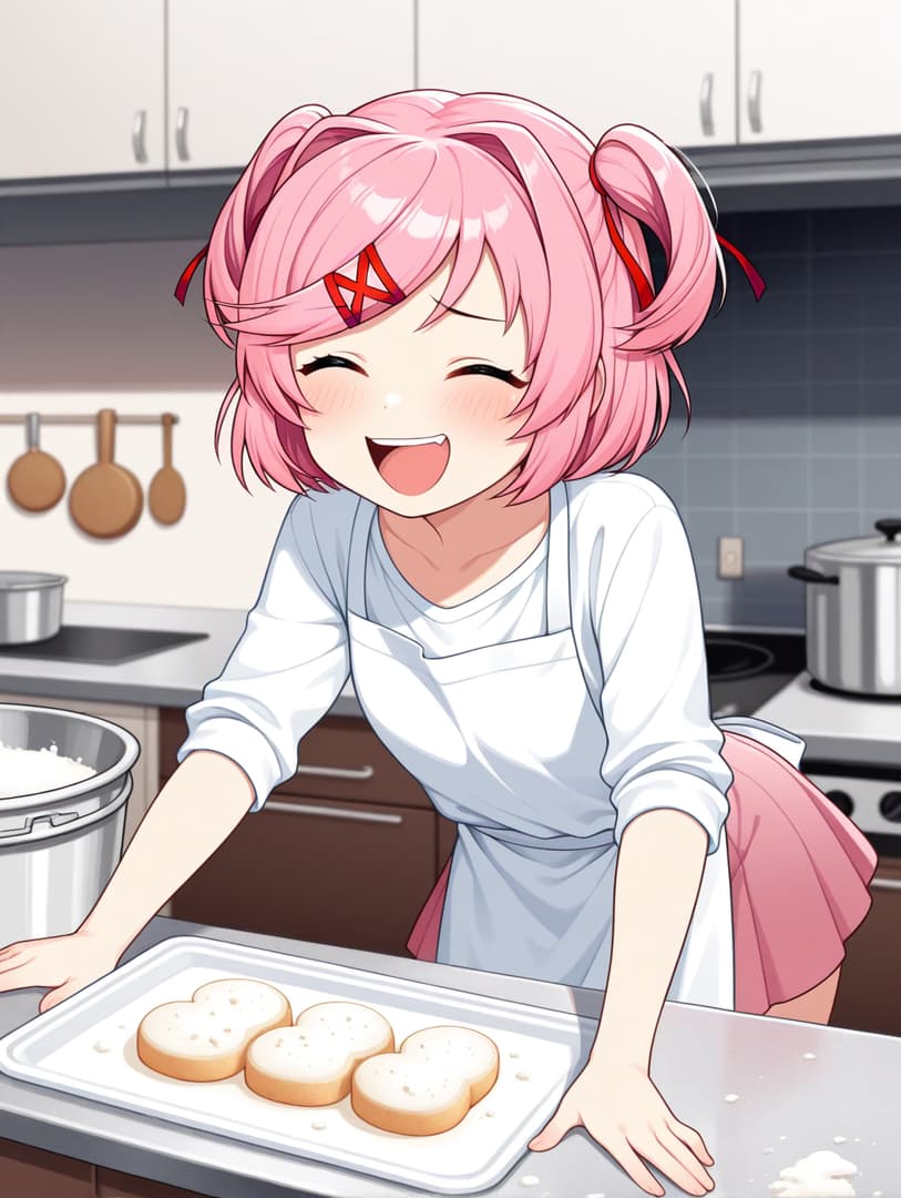 캐릭터 이미지 - happy expression in kitchen, wearing white apron over pink dress, leaning over tray with heart-shape