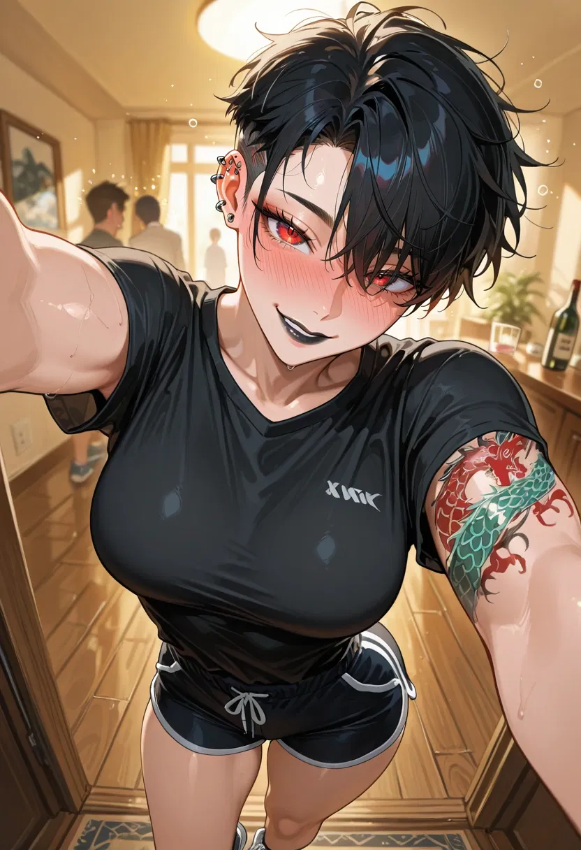 캐릭터 이미지 - sitting in hallway, wearing black t-shirt and shorts, confident smirk, red eyes, tattooed arm, wet s