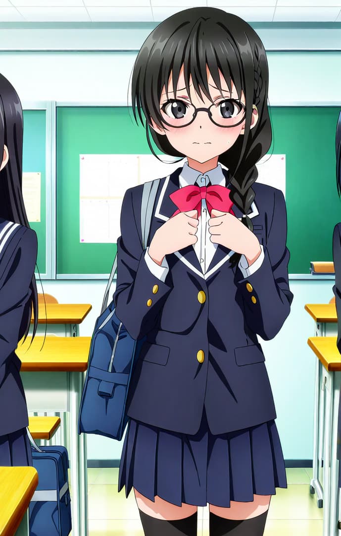 캐릭터 이미지 - shy expression in classroom, wearing school uniform with red bow, adjusting collar, blushing slightl