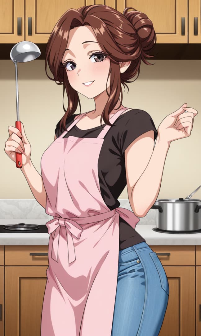 Immagine del personaggio - Happy expression in kitchen, wearing pink apron over black shirt and blue jeans, holding ladle, play