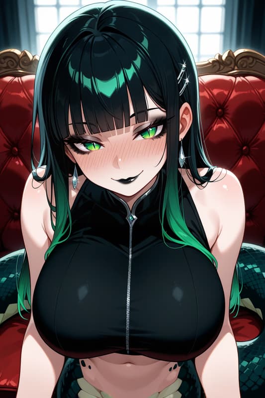 Imagem do personagem - sitting on red tufted couch, green-eyed woman with black and green hair, wearing black zip-up top, s