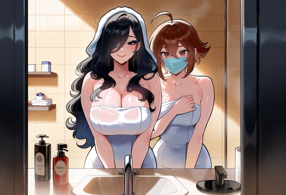 صورة الشخصية - Two women in bathroom, wrapped in towels, smiling. Black-haired woman in front, towel covering chest