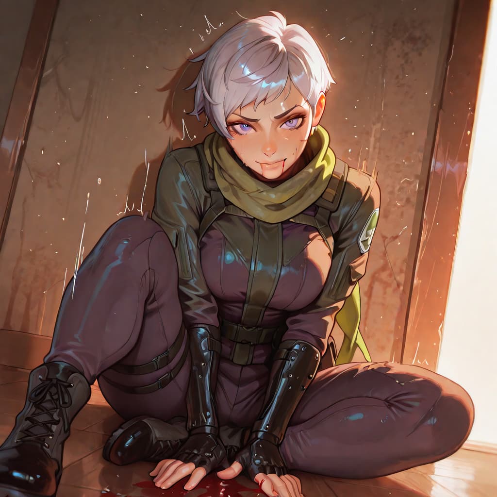 Immagine del personaggio - Injured woman sitting on floor, legs spread, blood on face and hands, seductive expression, wearing 