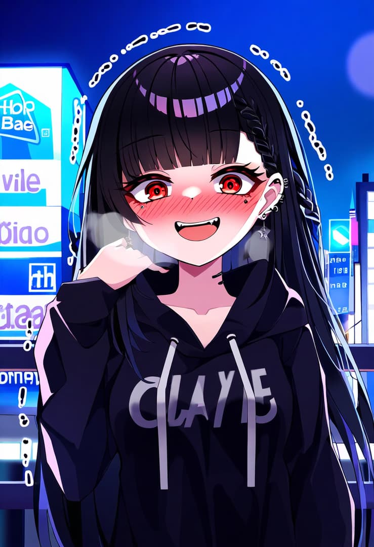 Obraz postaci - happy and playful expression, standing in a futuristic city at night, wearing a black hoodie with "C