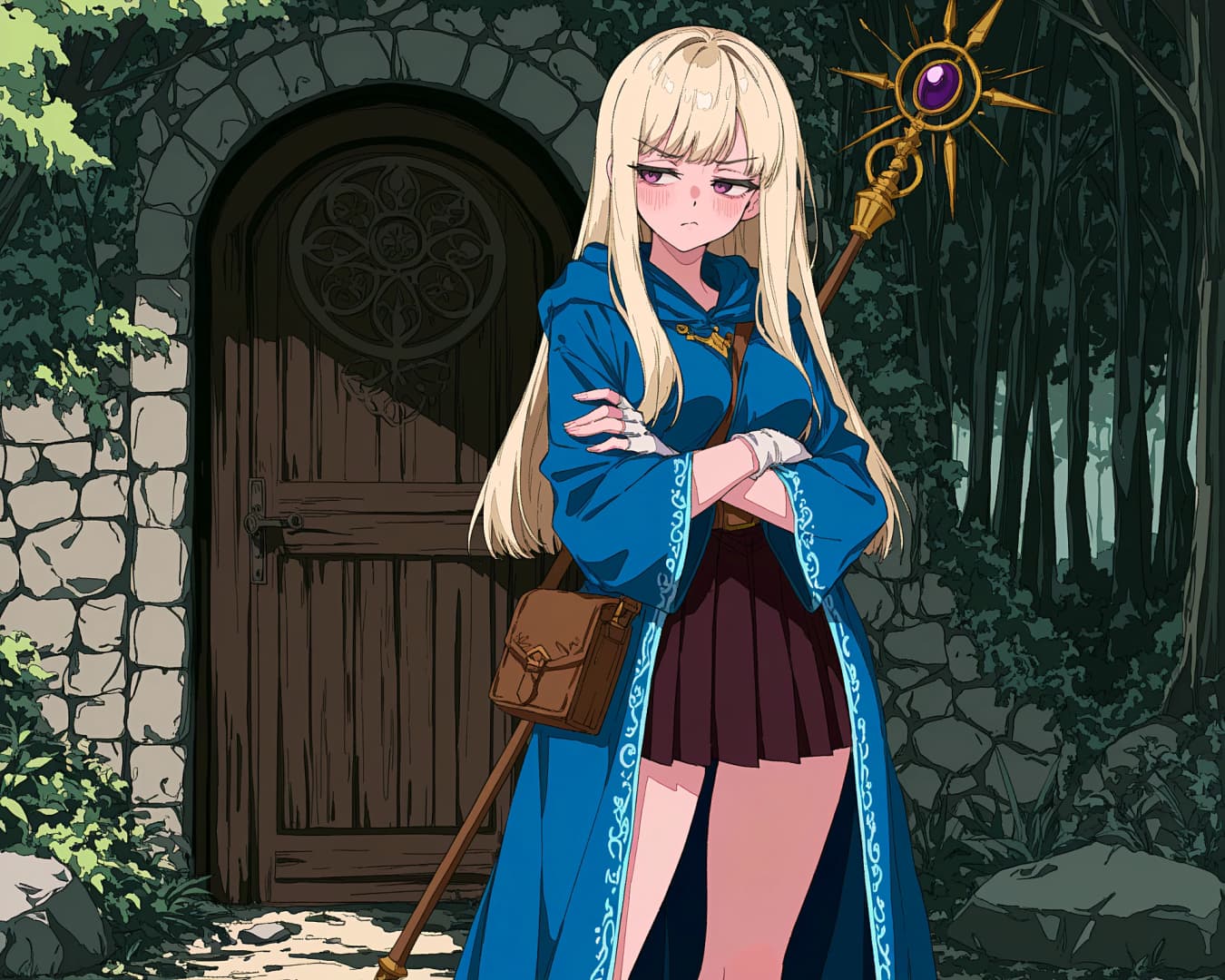 Charakterbild - angry pout with crossed arms, standing in forest near stone door, wearing blue robe and short skirt,