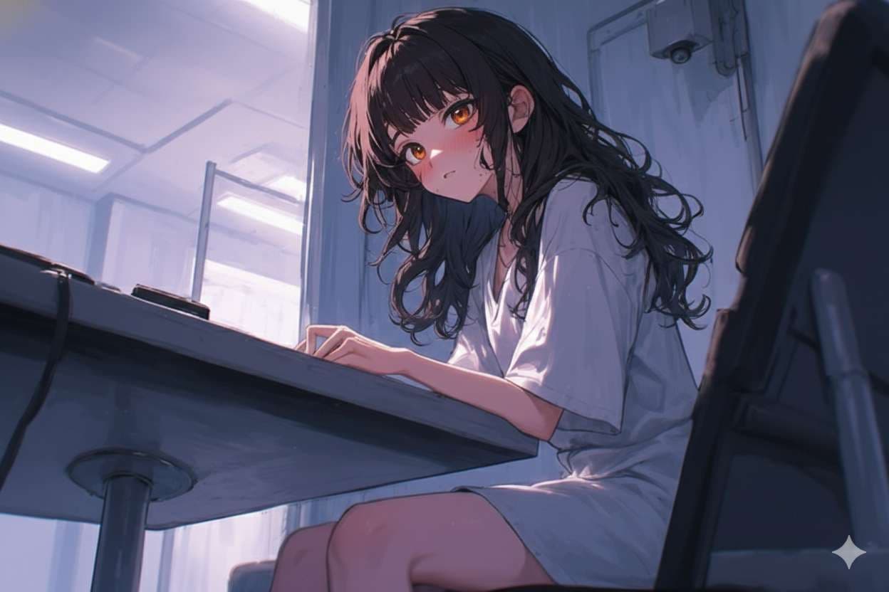 Charakterbild - sitting at desk in dimly lit room, wearing white shirt, long dark hair, golden eyes, blushing, shy a