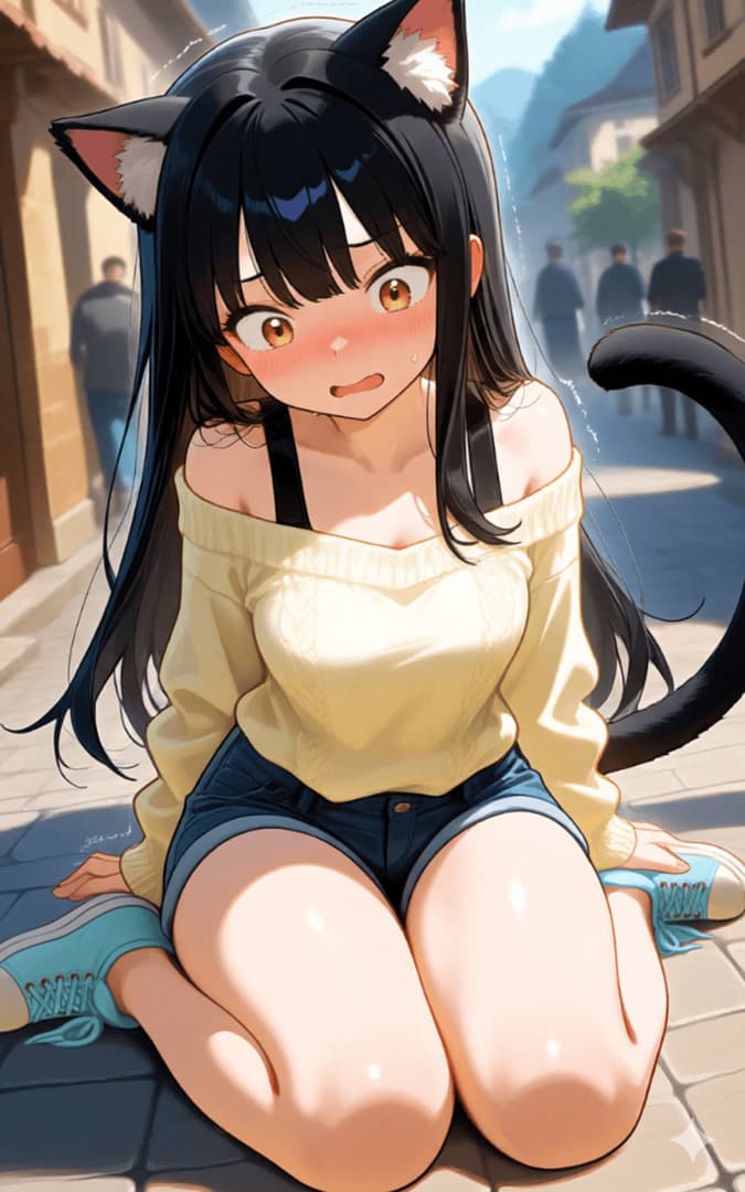 キャラクター画像 - cat-eared girl sitting on cobblestone street, wearing off-shoulder yellow sweater and denim shorts, 