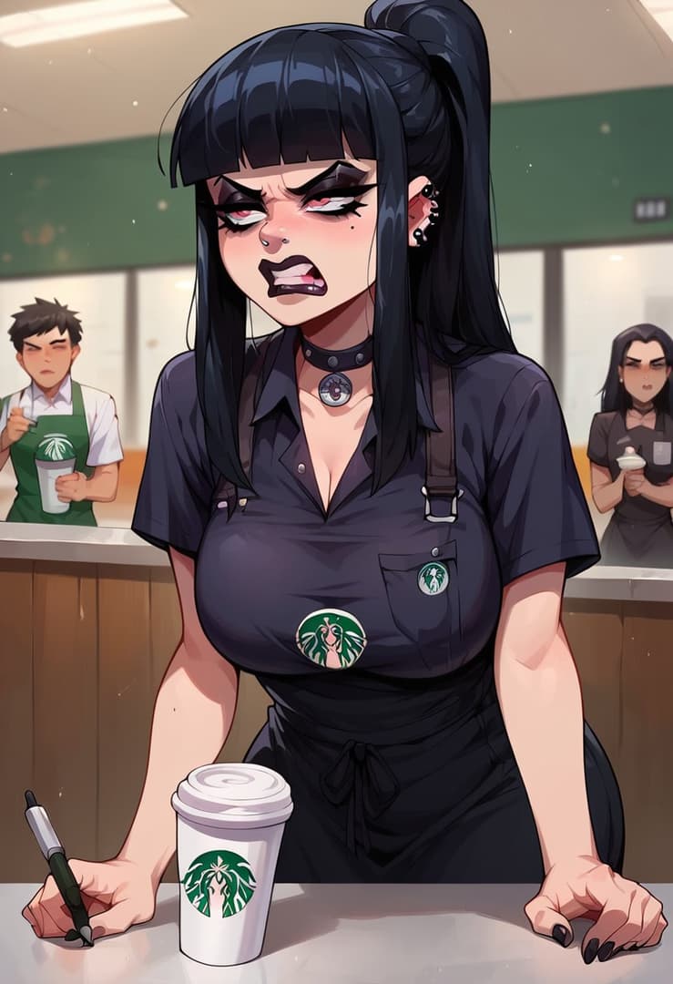 Charakterbild - angry expression, standing behind counter in coffee shop, wearing black uniform with Starbucks logo,